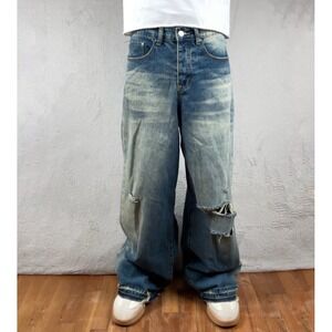 MNML Baggy Jeans Mens 29x31 Blue Distressed Wide Leg Raw Hem Grunge Skater